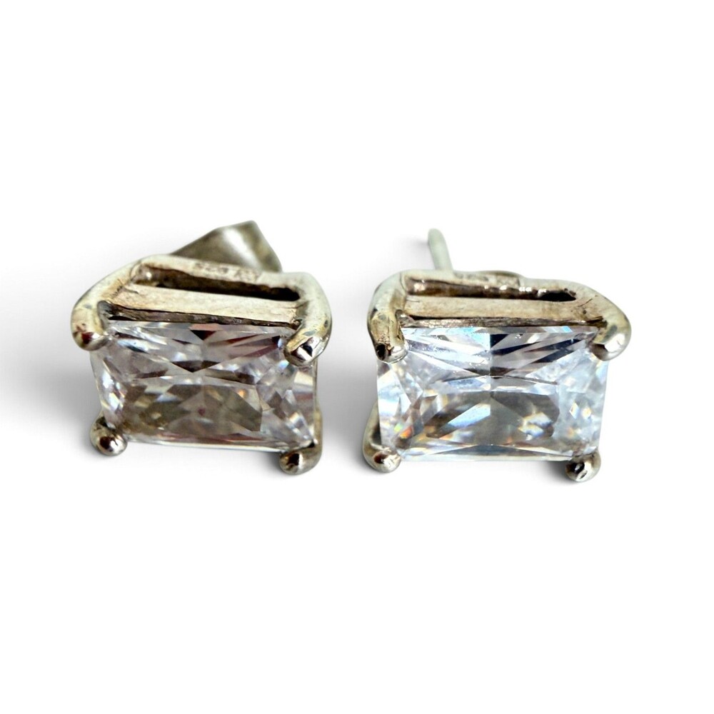 Vintage Sterling Silver 925 Radiant Emerald Cut CZ Stud Earrings
